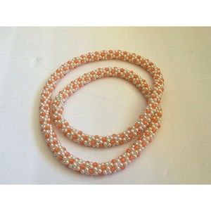 Handmade BEADED KUMIHIMO Necklace in Peach and White Cottagecore